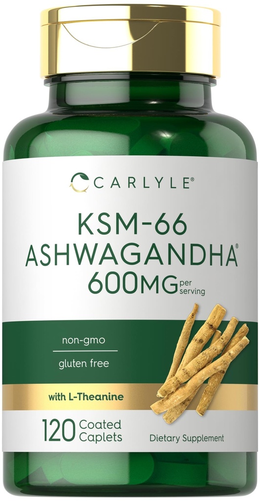 Carlyle KSM-66 Ashwagandha 600mg □ 120 Caplets □ Extrair Suplemento com L-Theanina □ Vegan, Não-GMO, Sem glúten