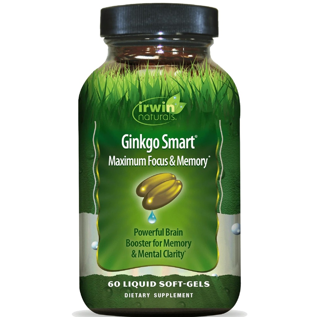 Irwin Naturals Ginkgo Smart Powerful Nootropic Brain Booster - Suporta Memória Máxima, Foco e Clareza Mental com DMAE, Clubmoss, Choline & Acetil L-Carnitina - 60 Liquid Softgels