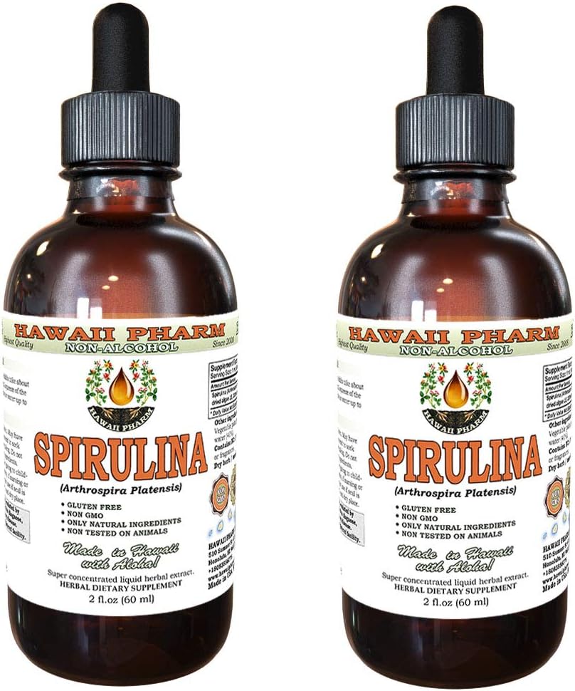 Spirulina Alcohol-Free Liquid Extract, Organic Spirulina (Arthrospira platensis) Dried Algae Glicerite Natural Herbal Supplement, Hawaii Pharm, USA 2x2 fl.oz