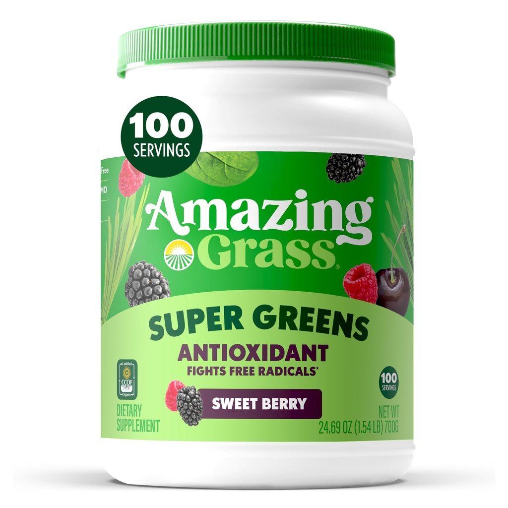 Amazing Grass Greens Superfood Antioxidant: Greens Powder com espirulina orgânica, Beet Root Powder, Elderberry & Probióticos, Sweet Berry, 100 Servings (Packaging May Vary)