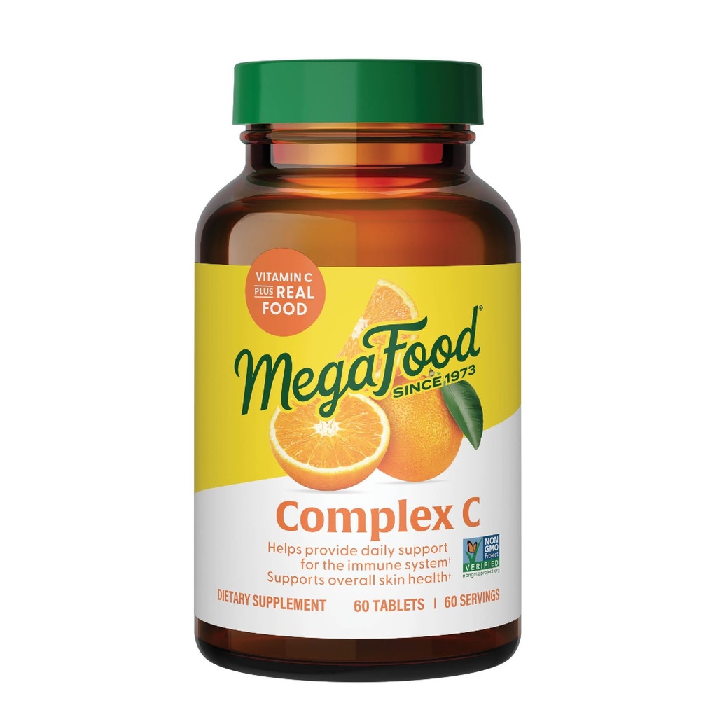 MegaFood Complex C - Vegan Imune suplemento de apoio com vitamina C 250 mg, Feito com alimentos reais, incluindo laranja, Cranberry & Arroz Castanho, sem glúten, Kosher - 60 comprimidos, 60 Servings