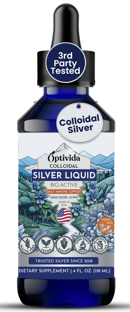 Optivida Saúde Coloidal Prata Líquido (4 onças) – Premium Nano Silver Coloidal Supplement for Daily Wellness & Imune Support, Natural Liquid Silver Hydrosol for Adults & Kids, Non-GMO, Gluten-Free