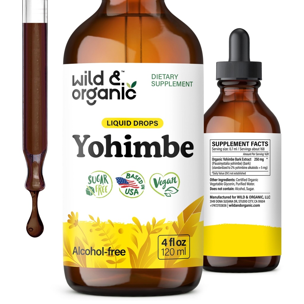 Wild & Orgânico Yohimbe Suplementos para homens e mulheres - 5 mg Yohimbine Extrato Tintura - Livre de álcool Yohimbe Bark Drops - Vegan, Não-GMO & Açúcar - 4 fl oz