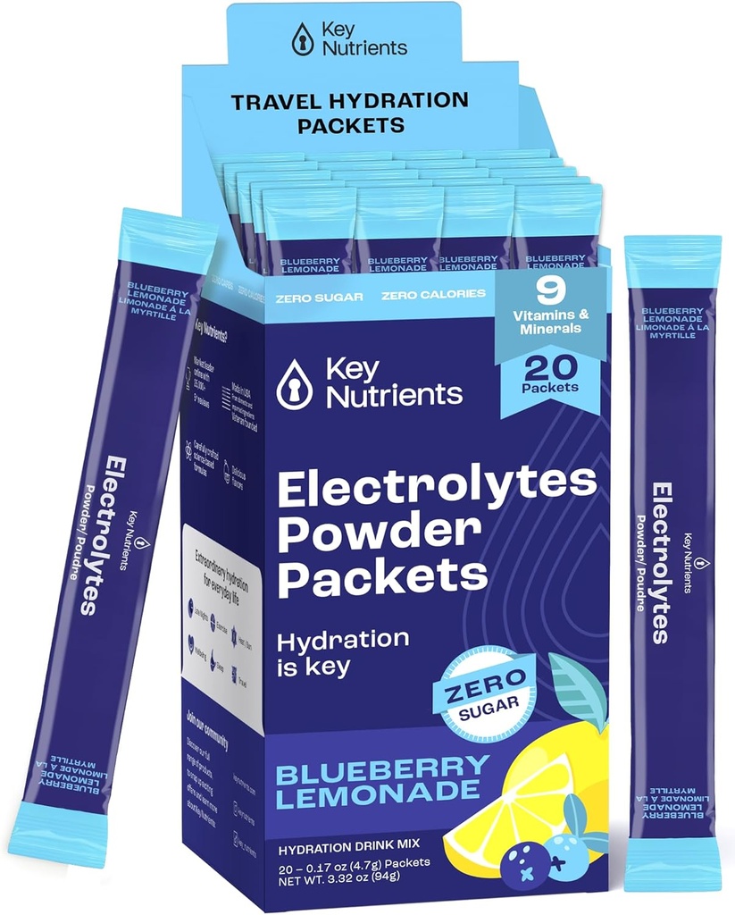 KEY NUTRIENTS Multivitamin Electrolytes Powder Packets - Delicious Blueberry Limonada 20 Pack Pacotes de hidratação - Travel Hydration Powder - Sem açúcar, Sem calorias, Gluten Free - Made in USA