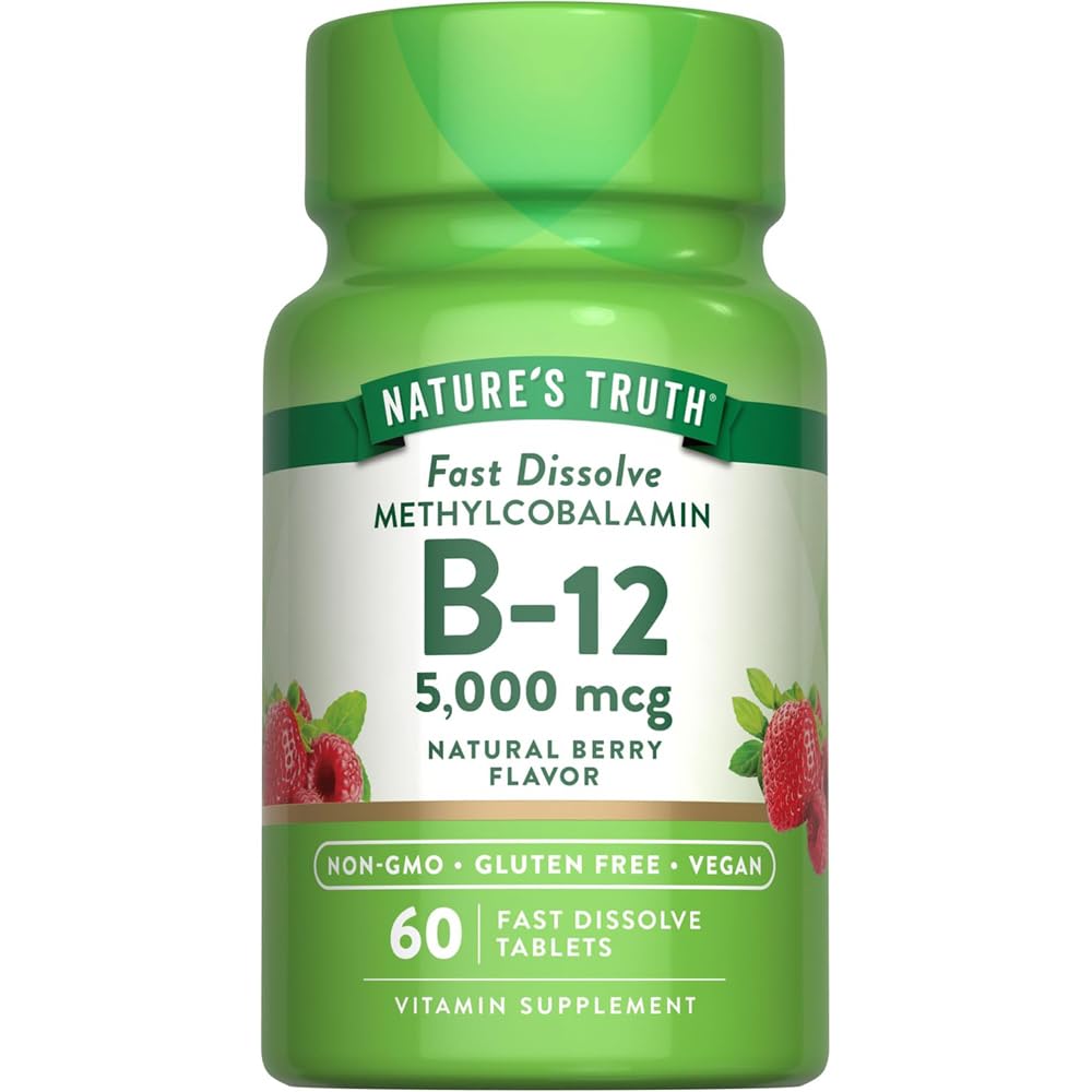 Verdade da natureza B12 Vitamina 5000 mcg □ 60 Comprimidos □ Dissolver rapidamente sabor Berry Natural □ Vegan, Não-GMO & Suplemento sem glúten