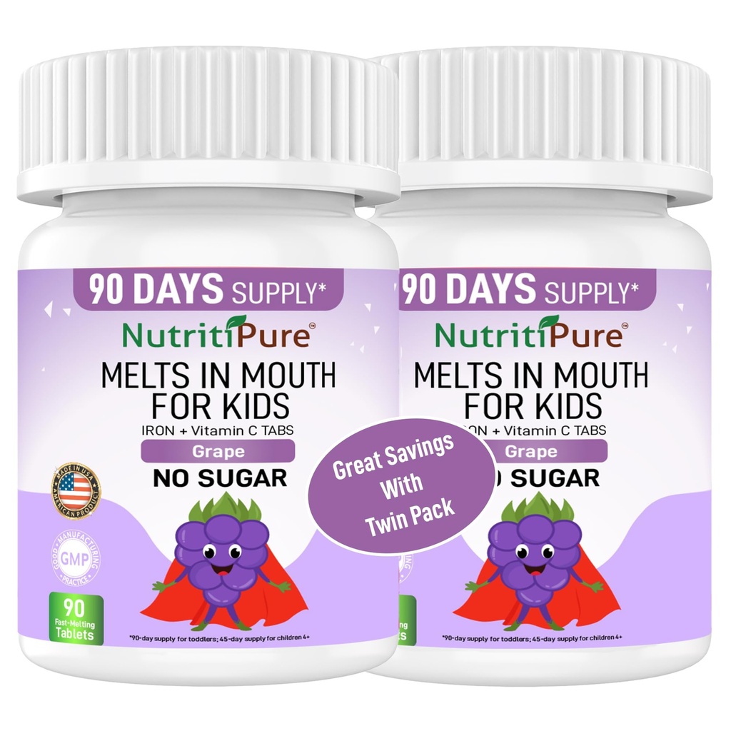 Kids Chewable Iron Supplement, Ferronil® Carbonyl Iron 9 mg, Vitamina C 30 mg, Sabor de uva, 90 comprimidos (2 garrafas)