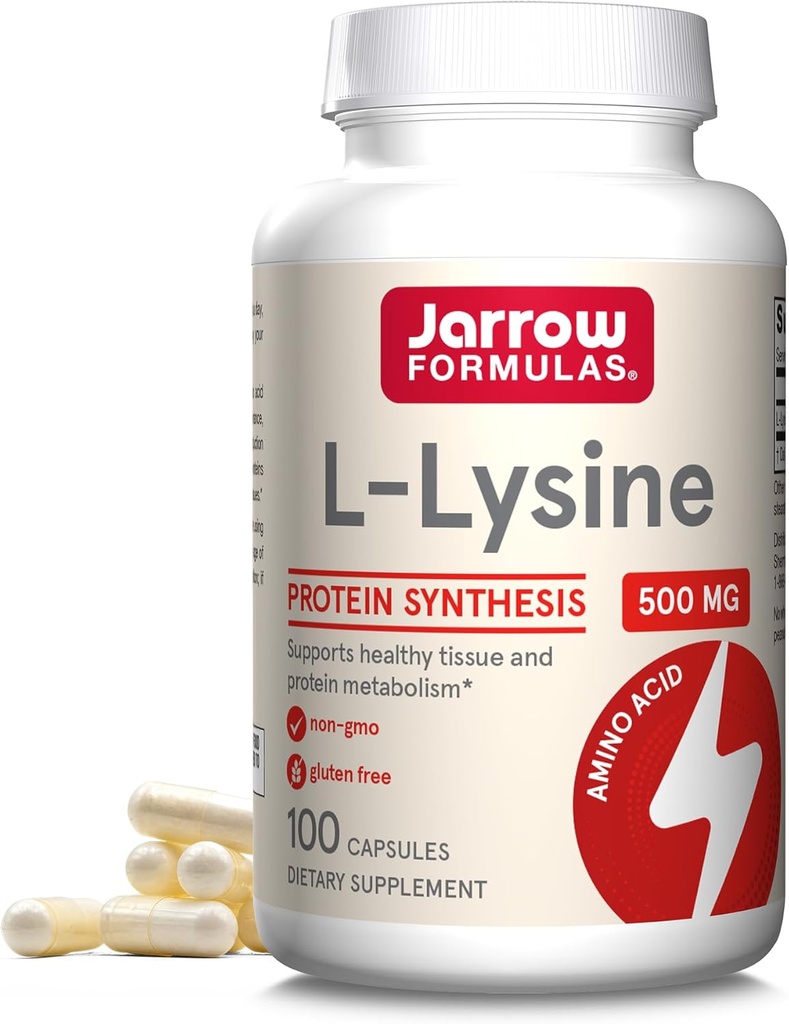 Fórmulas Jarrow L-Lysine 500 mg, Suplemento Alimentar, Ácido Amino para Síntese de Proteínas e Suporte de Tecido Saudável, 100 Cápsulas, Fornecimento de 100 dias