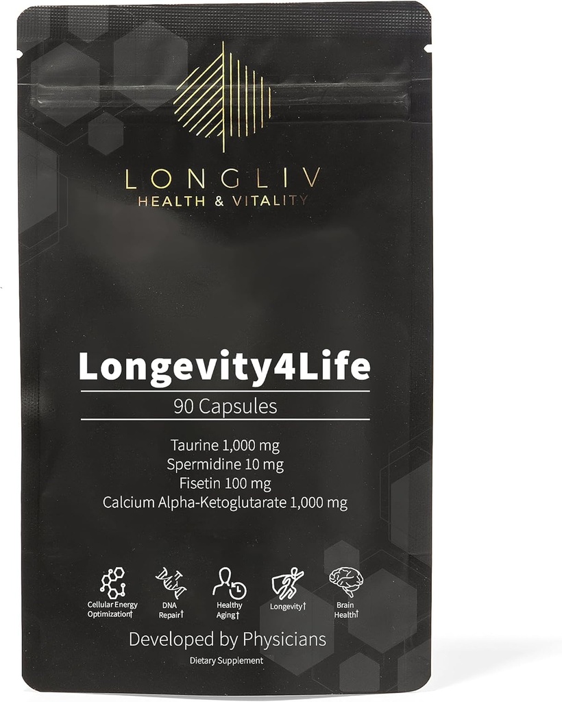 Longevidade4Vida - Ultimate Cellular Health Supplement - Fisetin, Taurina, Cálcio Alpha-Ketoglutarato e Cápsulas de Espermidina para Longevidade e Vitalidade - Made in USA - Physician Formed