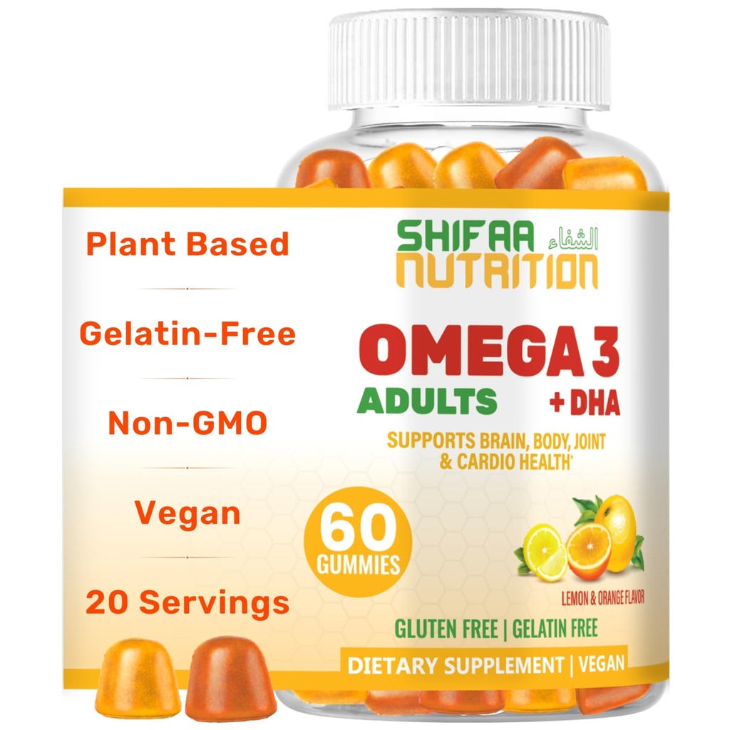 SHIFAA NUTRITION Vegan Omega 3 Gummies for Adults □ Sem Burps de óleo de peixe □ 60 Gummies based w/Chia Oil, Algas □ Omega 3 6 9 w/DHA, Vitamina C