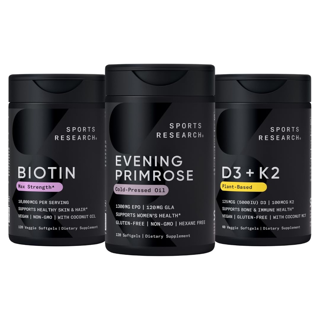 Esportes Pesquisa Vegan Biotin 10.000mcg com óleo de coco, Evening Primrose Suplemento de óleo prensado frio e vitamina baseada em plantas K2 MK7 + Vegan D3 5000iu