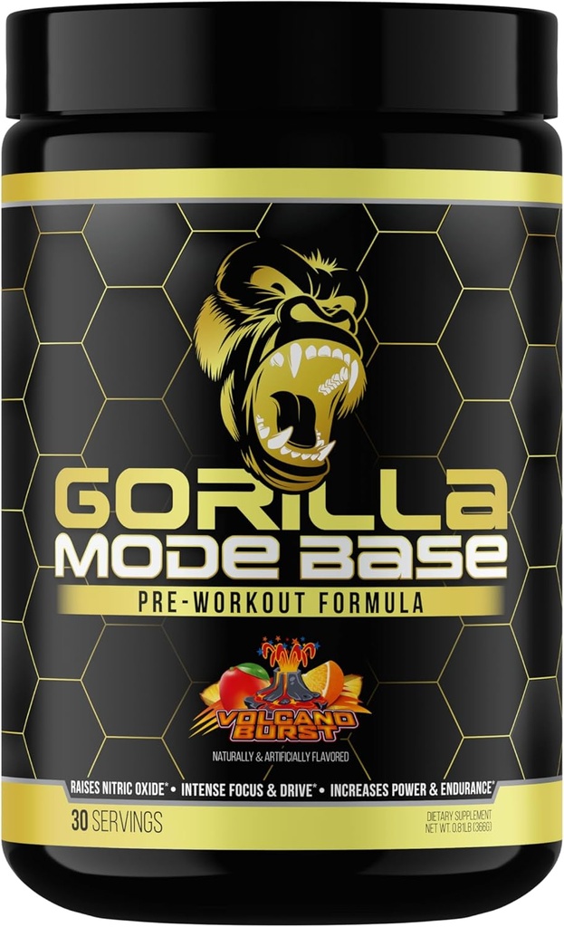 Base de Mente Gorila Pré-treino - Aumenta o Óxido Nítrico Intenso Foco & Poder de Endurance Drive - L-Citrulina, L-Tirosina, Betaína, Alpha-GPC, Cafeína, Huperzina A - 360 Grams (Volcano Burst)