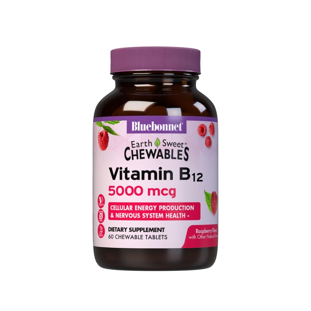 BlueBonnet Nutrição Terra Doce Vitamina B12 5000 mcg Tablets mastigáveis, Sem soja, Sem glúten, Kosher Certificado, Dairy-Free, Vegan, Framboesa flavored, 60 Tablets mastigáveis, 60 Servings