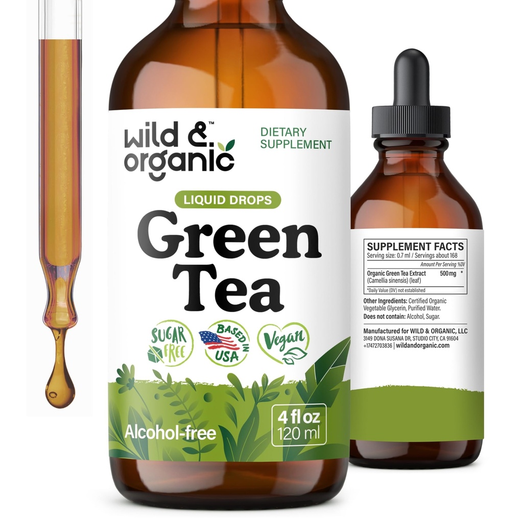 Wild & Organic Green Tea Extract Liquid Drops - Antioxidante-Rich Green Tea Supplement - 2-Month Supply - Vegan, Sugar & Alcohol-Free Camellia Sinensis Tintura - 4 fl oz