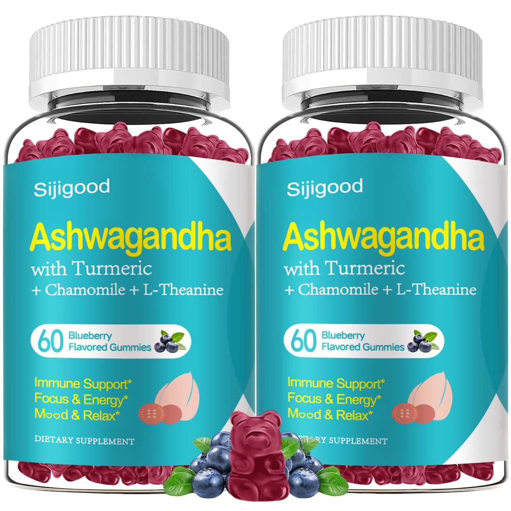 2 Pacote Ashwagandha Gummies, Suporte para Imunidade, Relaxação, Calm Mood & Zzz, Suplementos Ashwagandha para homens e mulheres, sabor de mirtilo natural, 120 Conde