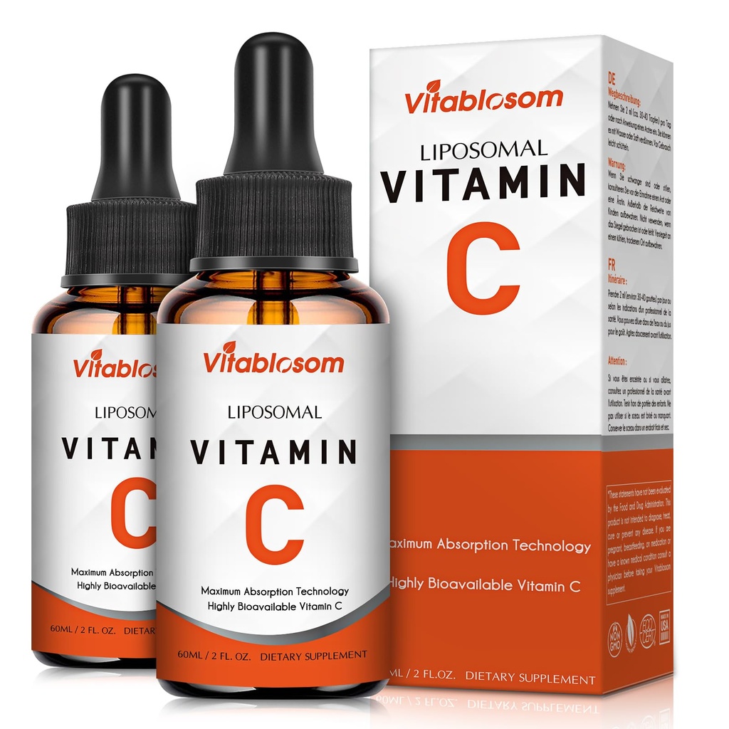 Vitamina C lipossômica 2000mg Líquido para Adultos, VIT de alta absorção C, Maximizar Vitamina C, Sistema Imune e Suporte Antioxidante, 60ML (2 garrafa)