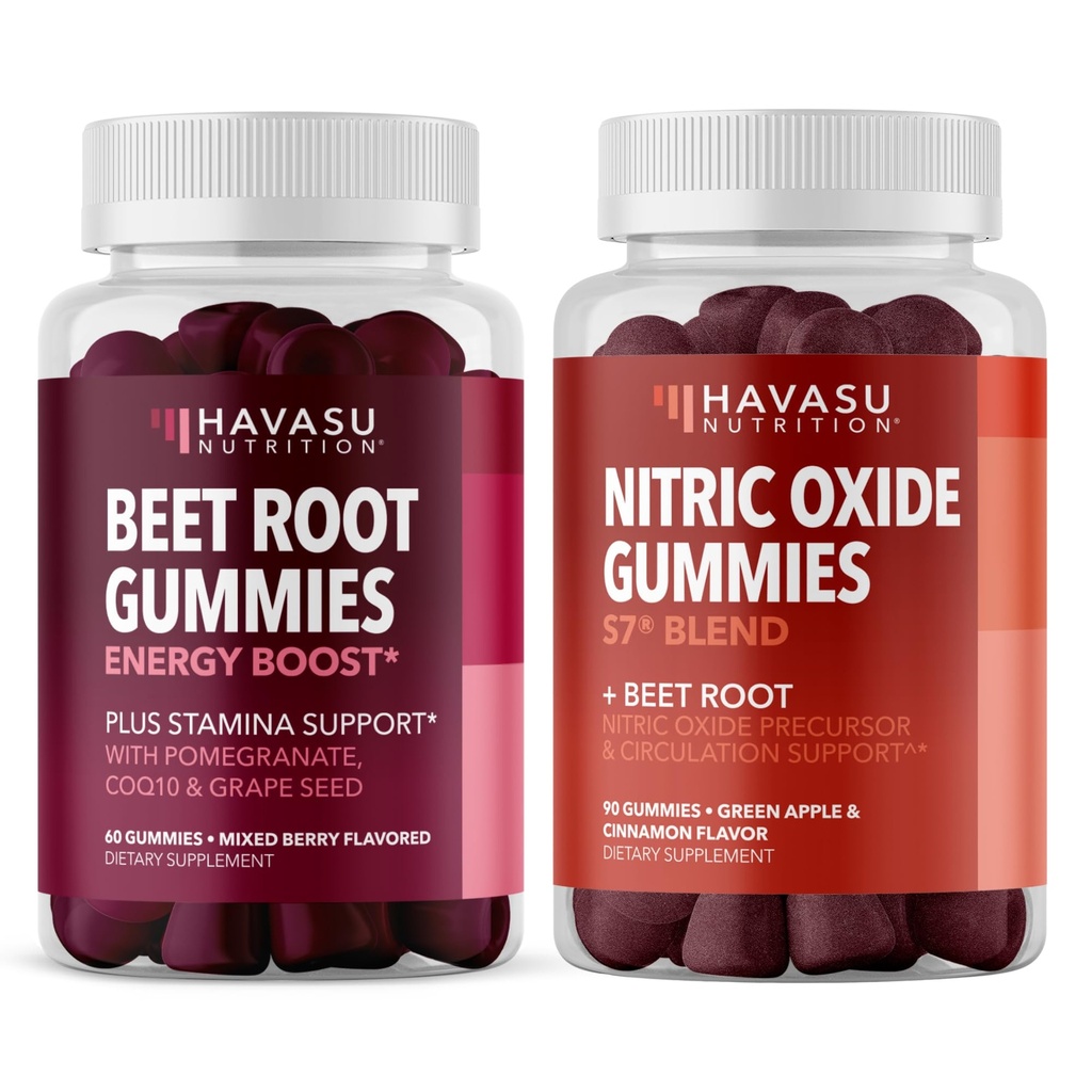 NUTRIÇÃO HAVASU Gummies de óxido nítrico com L-arginina e raiz de beterraba (1 mês de fornecimento) e gomas de raiz de beterraba com COQ10 e romã (1 mês de fornecimento)