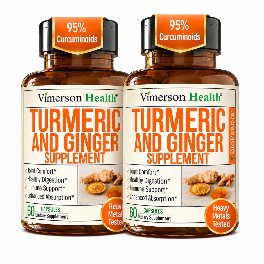 Suplemento de Curcumina Turmérica com raiz de gengibre para apoio conjunto, saúde digestiva e gut - Contém Curcumina Turmérica Orgânica com Pimenta Preta (Bioperina) para Absorção Enhanced - 60 Cápsulas, 2 Embalagem