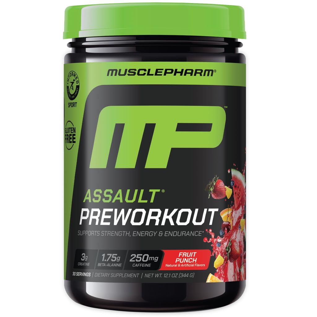 MusclePharm Assault Pré Treino Pó para Homens e Mulheres – Energia e Força Aumentar Suplementos Pré-Trabalho com Beta Alanine, Cafeína, Creatina e Betaína Anidra – 30 Servings, Fruit Punch Flavor