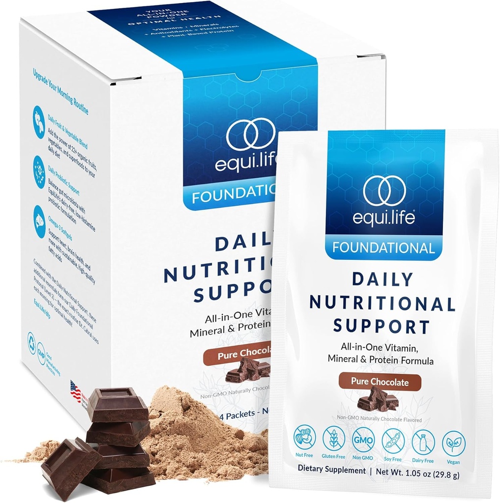Equilife Apoio Nutricional Diário, Substituição de Refeição Multivitamínica Tudo em Uma, Puro sabor de chocolate, 15G proteína vegetal, Suporta Bem-Estar Geral Incluindo Energia, Digestão, & Pele, 14 pacotes