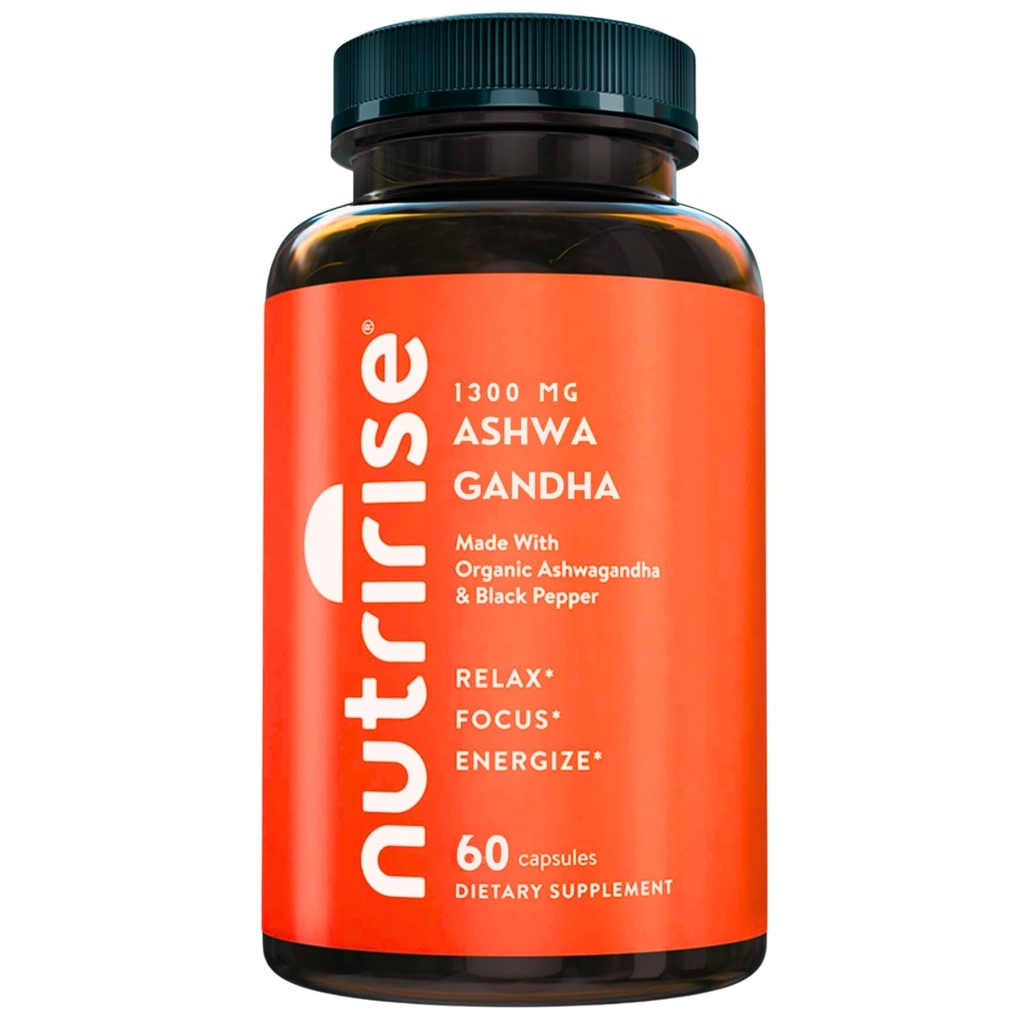 NutriRise Organic Ashwagandha Root Capsules with Black Pepper, 1300mg, Natural Stress & Mood, Thyroid & Imune Support Supplement, Clarity, Focus & Energy, Gluten Free, 60 Count