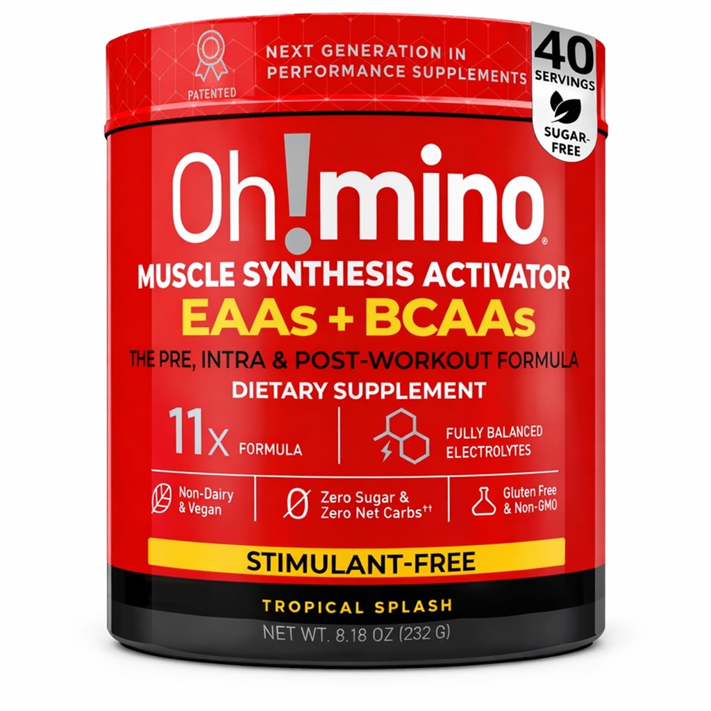 Oh!mino Essential Aminoácidos Suplemento. Pó Tropical, sem Estimulante. Todos os 9 EAAs, BCAAs e o Amino perfeito para treinos, Energia Amino, e para construir músculo, e recuperar mais rápido.