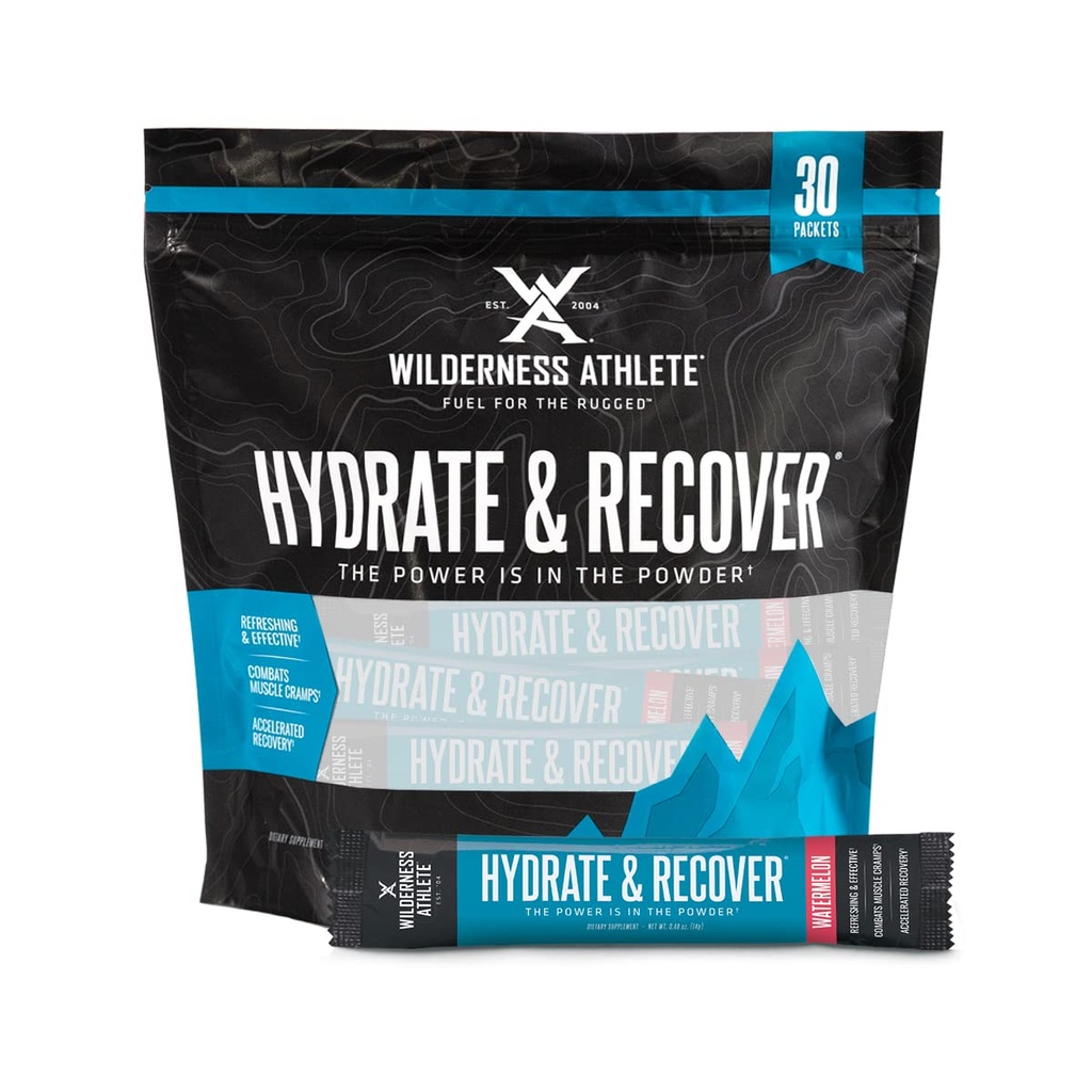 Wilderness Atleta - Hydrate & Recover Pacotes de Hidratação Líquida Mistura de bebida eletrolítica - Recuperar mais rápido com Bcaas - 30 Pacotes de Hydrate de serviço único (Melancia)