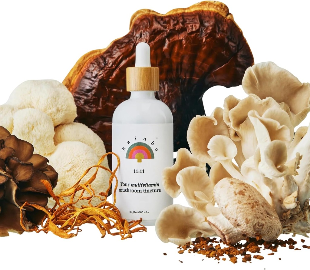 Rainbo - 11:11 Multi Mushroom Tintura - 11-in-1 Dual Extract Mushroom Mistura - Suporte Imune abrangente, Suporte ao cérebro, Mane Leão Líquido & Turquia cauda, Vegan, Non GMO, 3.4 fl oz