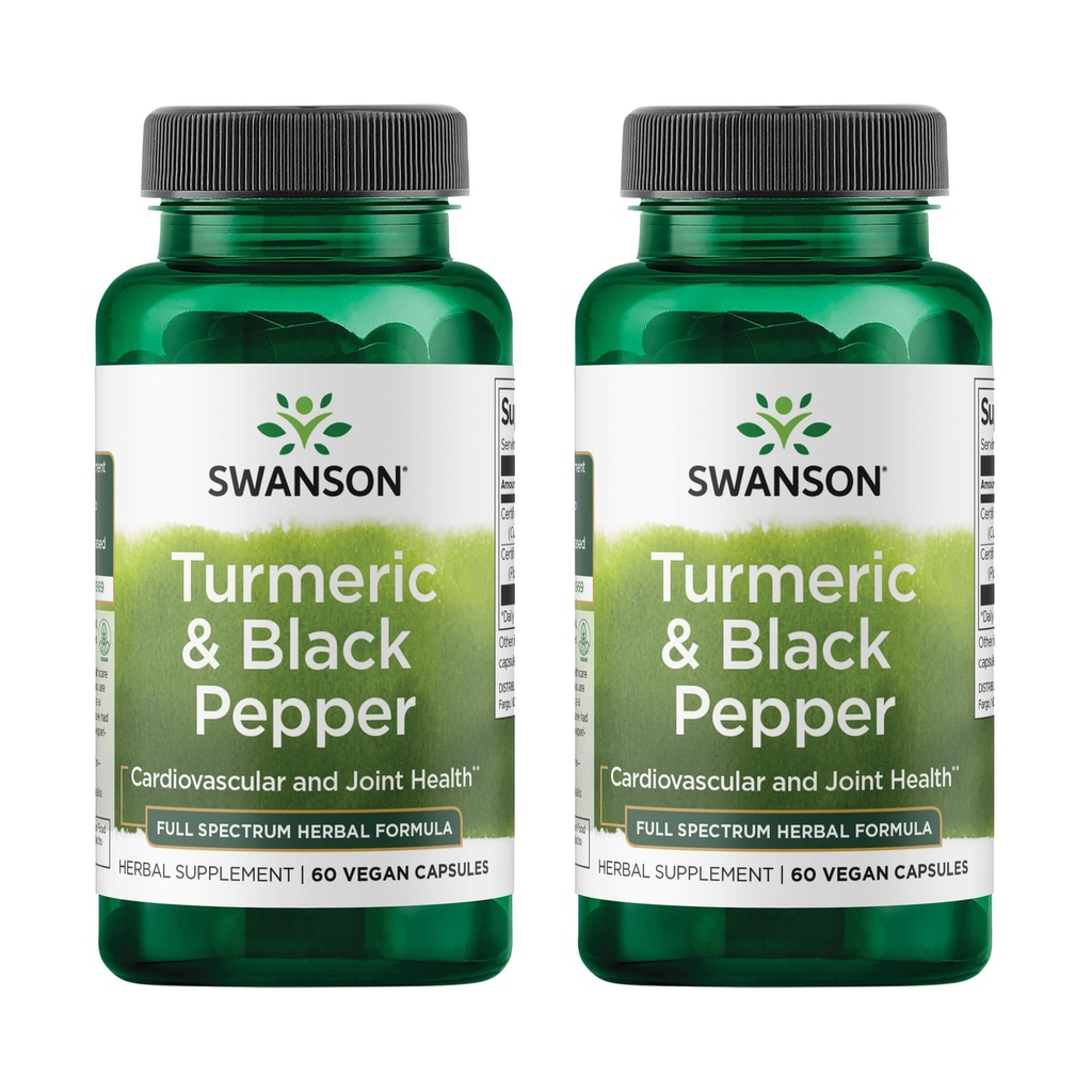Swanson Turmeric & Black Pepper - Saúde Orgânica Conjunta, Saúde do Coração, Digestão e Suplemento de Apoio ao Fígado - Fórmula Natural para Maior Biodisponibilidade e Absorção - (60 Cápsulas Veggie) 2 Pack