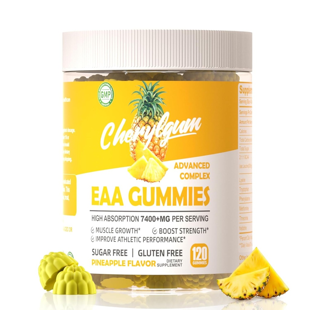 EAA Gummies 120 Pineapple Gummies, 7400 mg Aminoácidos Essenciais - Todos os 9 Aminos Essenciais (EAA) e Todos os Aminos de Cadeia Ramificada (BCAAs), Não-GMO, Gluten Free, Vegetarian Friendly.