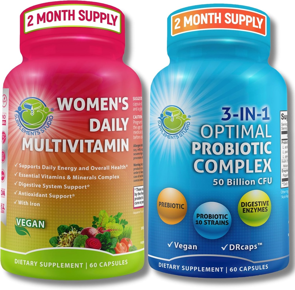 Multivitamina & Probiótico de Mulheres Suporte Bundle – 3-em-1 Probiótico com Enzimas Digestivas & Prebiótico & Multivitamina diária das mulheres com ferro – Vegan, Não-GMO, Limpo apoio ao bem-estar diário