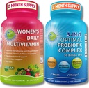 Multivitamina & Probiótico de Mulheres Suporte Bundle – 3-em-1 Probiótico com Enzimas Digestivas & Prebiótico & Multivitamina diária das mulheres com ferro – Vegan, Não-GMO, Limpo apoio ao bem-estar diário