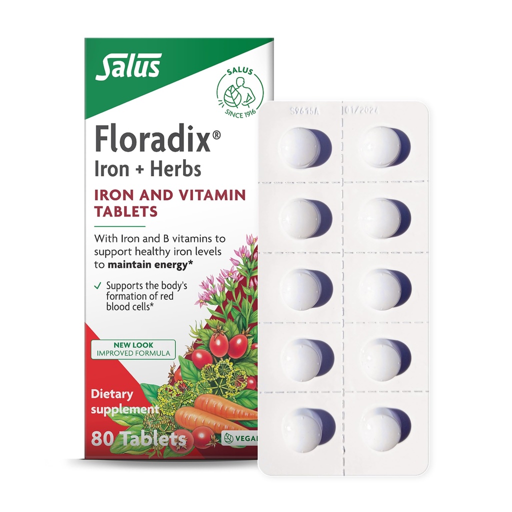 Comprimidos de ferro Floradix - Suplemento de ferro com vitaminas B, ácido fólico, vitamina C e mais - Suporte energético - Vegetariano e sem glúten - 80 Comprimidos (80 Servimentos)