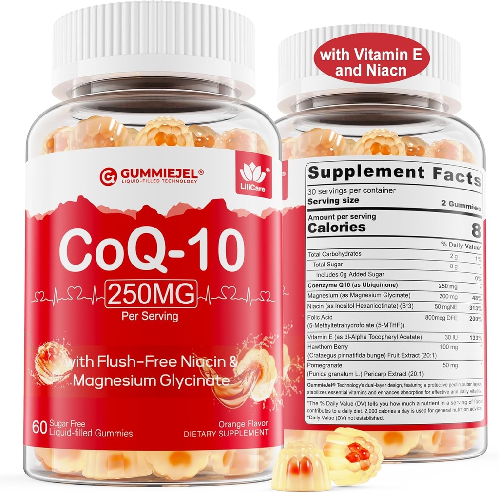 Açúcar sem CoQ10 chicletes recheados 250MG, Coenzima Q10 glycinate w/Magnesium, Niacina Sem-Flush Vitamina B3, E & Ácido Fólico, CoQ10 de alta absorção para HEA-rt, Energia Celular & Antioxidante