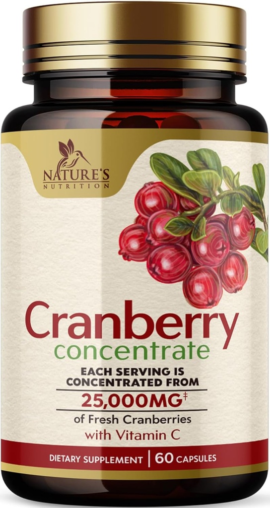 Pills Cranberry Suplemento 25,000mg - Fresh Cranberry Equivalente com Vitamina C & E - Urinary Tract Health Support, Fórmula sem açúcar, Extrato de pó de fruta - Não-GMO, Engarrafado nos EUA - 60 Cápsulas