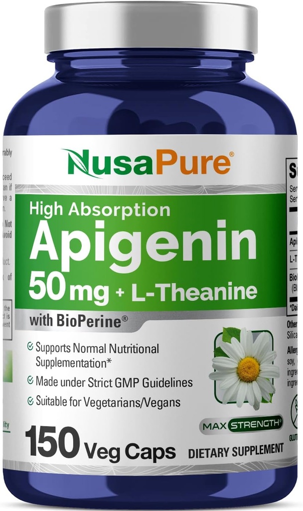 NusaPure Apigenin 50mg & L-Theanina 200mg, 150 Cápsulas Veggie, Bioperina (Não-GMO, Gluten Free)