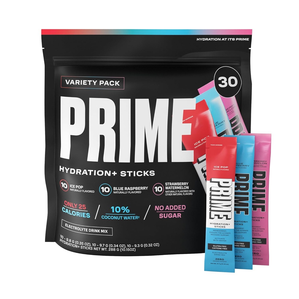 PRIME HIDRAÇÃO+ Variety Sticks Pacote de Variedades Hidração em pó único Servir Sticks em Pó Eletrolítico na Go , baixo açúcar , sem cafeína , Vegan , 30 Sticks