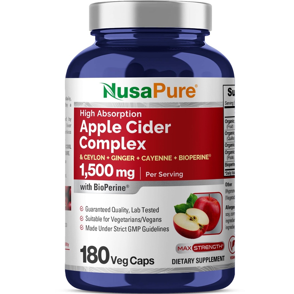 NusaPure Apple Cider Vinagre Complexo 1500 mg 180 Veg Caps Adequado para vegetarianos e vegans, Não-GMO