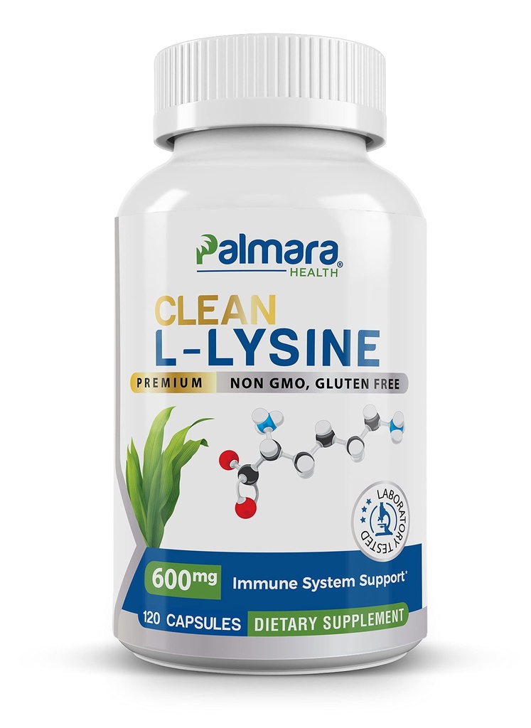 Palmara Saúde Limpo L-Lysine 600mg, 120 Cápsulas Vegan, Não-GMO, & Glúten Grátis