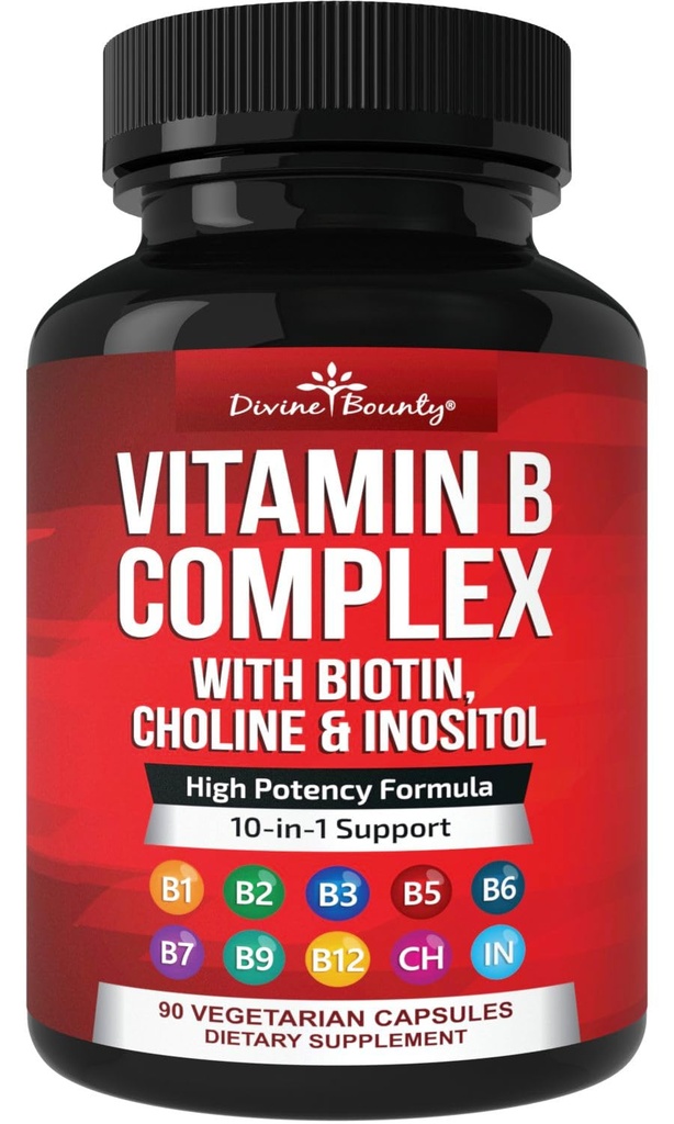 Vitaminas Complexo Super B Divina recompensa - Todas as vitaminas B incluindo B12, B1, B2, B3, B5, B6, B7, B9, Ácido Fólico - Suplemento Vitamina B - Suporte Metabolismo Energia Saudável - 90 Cápsulas Vegetarianas