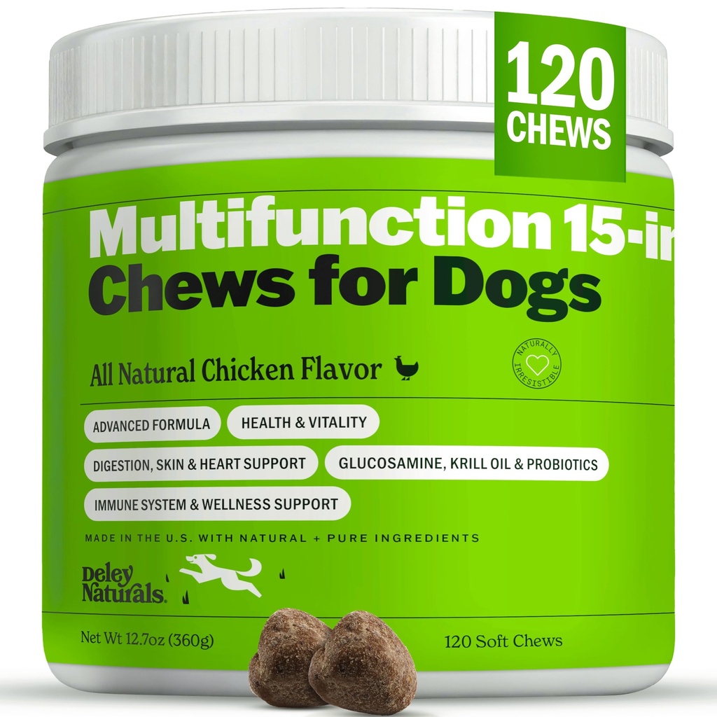 Deley Naturals 15 em 1 Multivitamin para cães - Vitaminas completas para cães e suplementos para suporte imunológico, conjunto, pele, digestão, coração e saúde geral - Suplementos diários multifunções - 120 mastigações