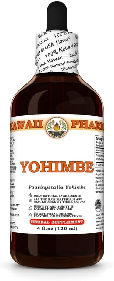 Yohimbe (Pausinystalia Yohimbe) Tintura de casca seca, Feito no Havaí, Todos naturais, Vegan, Extrato líquido puro - 4 fl.oz