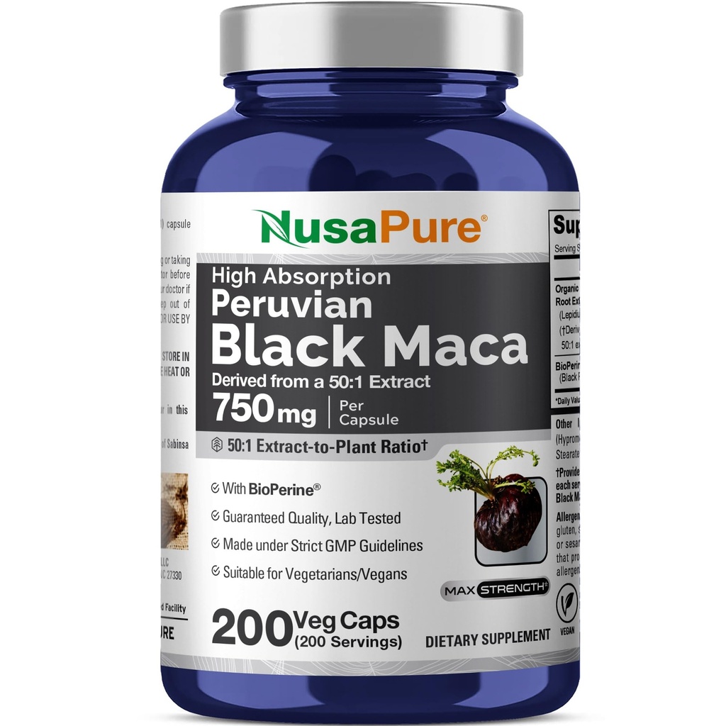 NusaPure Black Maca Root 50:1 Extracto, 750 mg Equivalente a 37.500 mg 200 Veggie Per Caps (Vegan, Non-GMO)