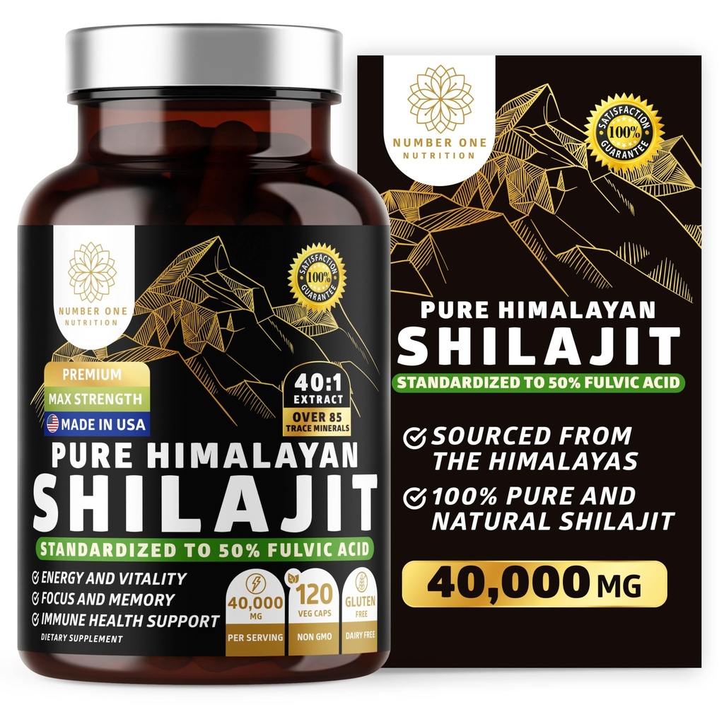 Puro Himalayan Shilajit Suplemento para homens e mulheres, [40,000MG, força máxima] Contém 50% de ácido fulvico com mais de 85 Minerais Trace para apoiar energia, cérebro e imunidade, 120 tampas Veg