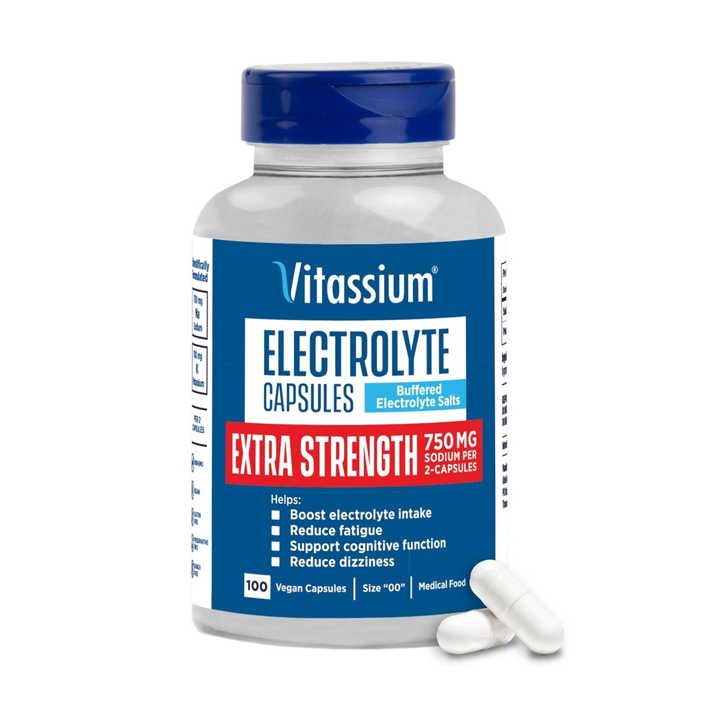 Cápsulas de Eletrolito de Força Extra de Vitássio, 750mg de sódio para o gerenciamento de POTS e dietas de sódio alta, sem sabor, 100 comprimidos de sal (Tamanho 00)