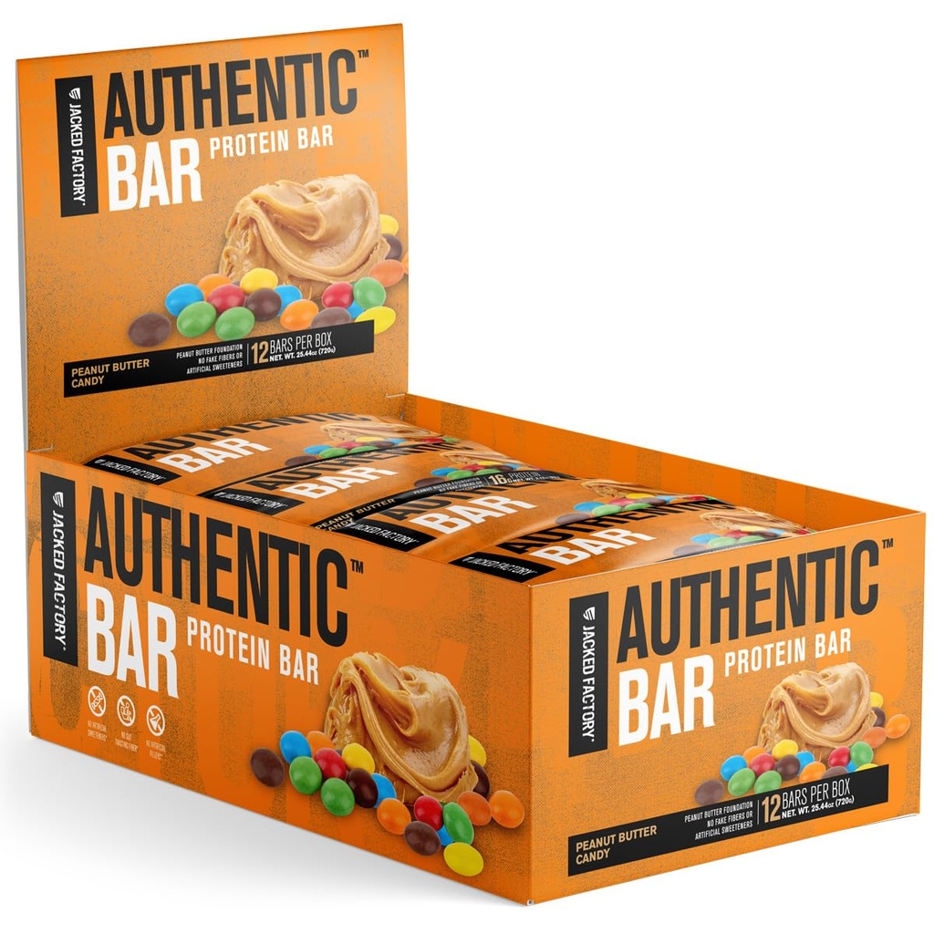 Fábrica Jacked Bar Authentic Manteiga de amendoim Candy Protein Bares - Saboroso Replacement Bares Energia W/ 16g Whey Protein Isolate, Açúcares naturais de mel puro, gordura saudável - 12 Pack