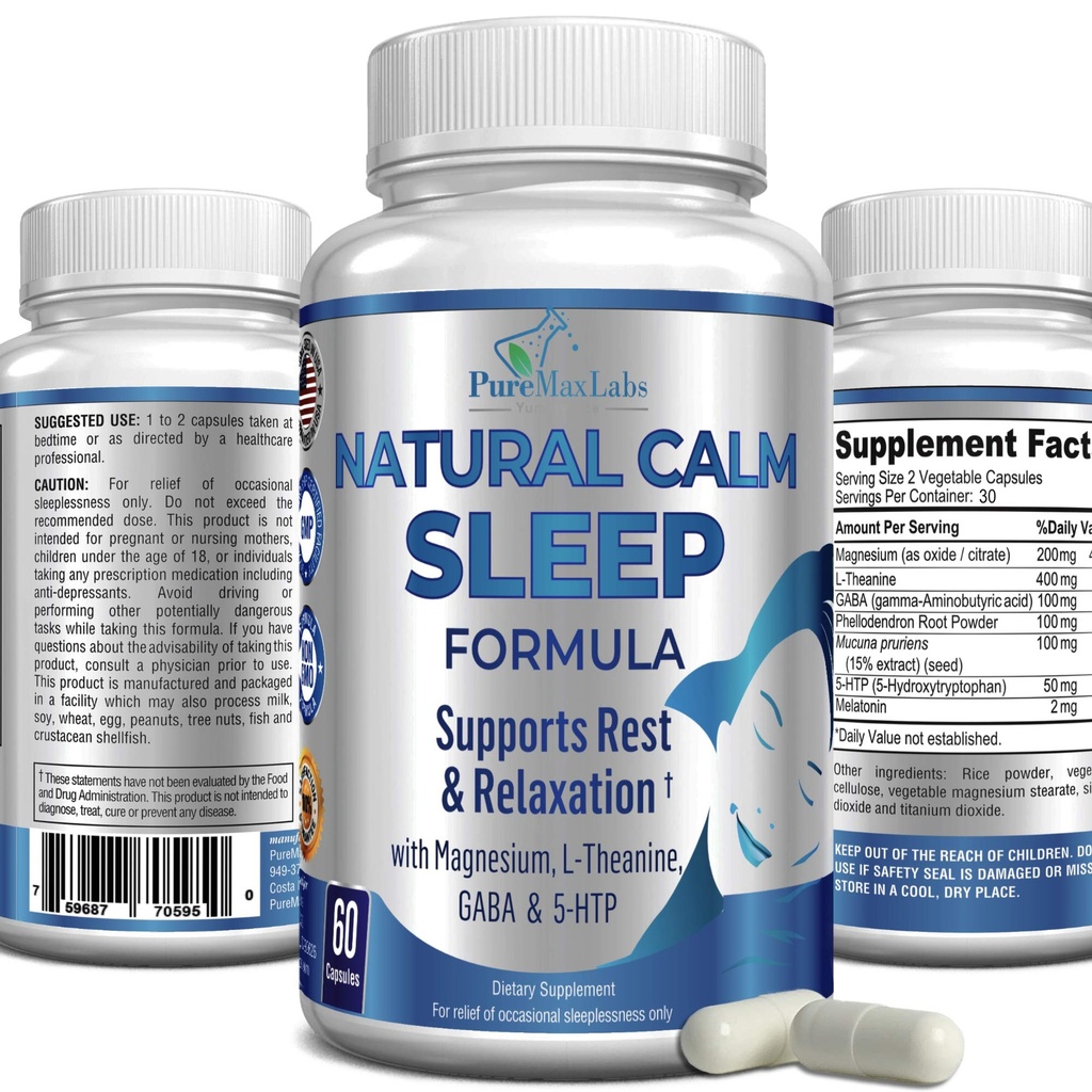 Ajuda natural calma ao sono com Magnésio, L-Theanina, Melatonina, GABA, 5-Htp, Ajuda para o sono, Não-GMO - 60 Cápsulas