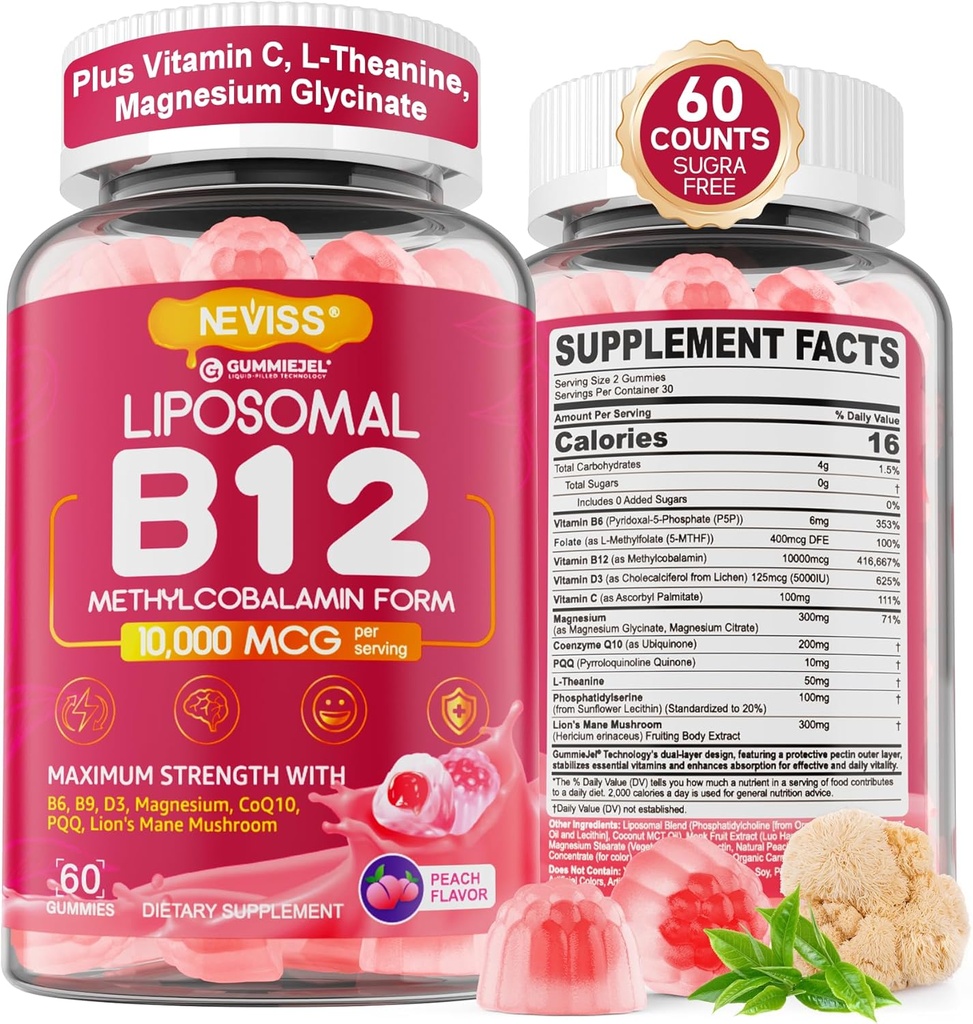 Metil B12 Gummies 5000 mcg/10000 mcg w/L-Metilfolato, B6, CoQ10, PQQ, Glicinato de magnésio, Complexo de vitamina B12 lipossomais de força extra para energia, foco, cérebro e imunidade 1Pacote