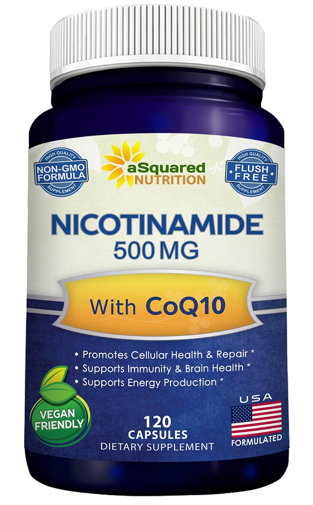 Nicotinamida com CoQ10 (120 cápsulas) - Vitamina B3 500mg (Niacinamida Flush Free) - Coenzima Q10 Powder - VIT B-3 & Coq 10 comprimidos de suplemento para apoiar energia, NAD, & saúde celular da pele