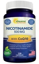Nicotinamida com CoQ10 (120 cápsulas) - Vitamina B3 500mg (Niacinamida Flush Free) - Coenzima Q10 Powder - VIT B-3 & Coq 10 comprimidos de suplemento para apoiar energia, NAD, & saúde celular da pele