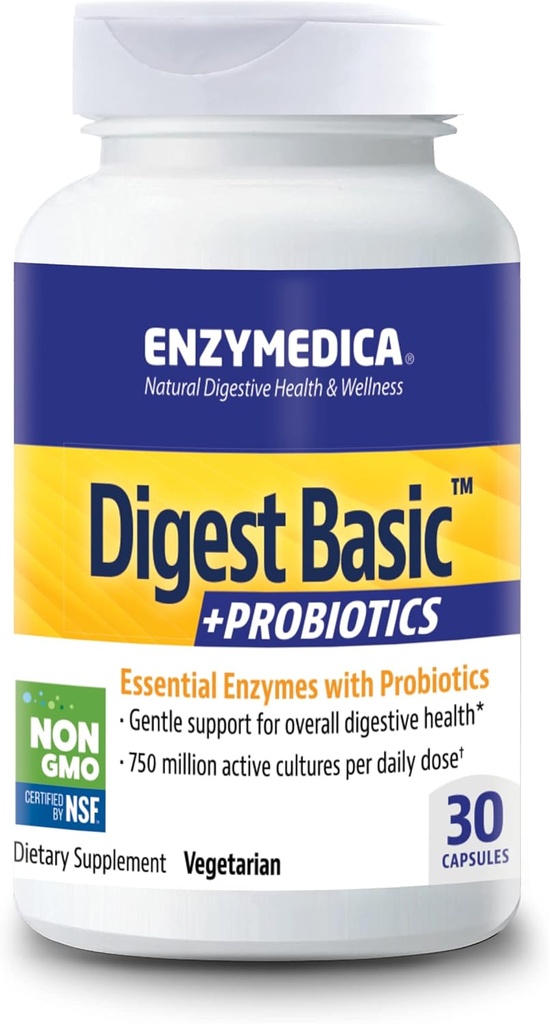 Enzimedica - Digest Basic + Probióticos, Enzimas Digestivas Essenciais com Probióticos, 30 Cápsulas FFP